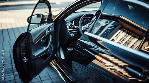 Side view of the open driver's door, dashboard of the car. Left front door. A new modern shiny parked black car. Interior luxury car with tinted glass standing at parking. photo