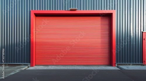 Shutter door or rolling door, red color, in new factory construction site 