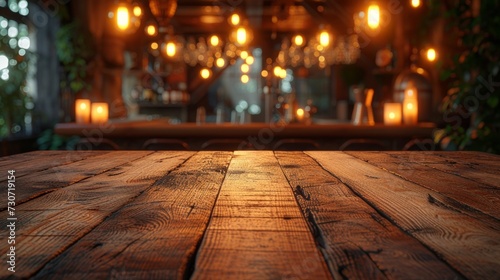 Rusty  empty wooden table. Vintage pub interior. Dark wood counter. Restaurant space. Abstract bar scene