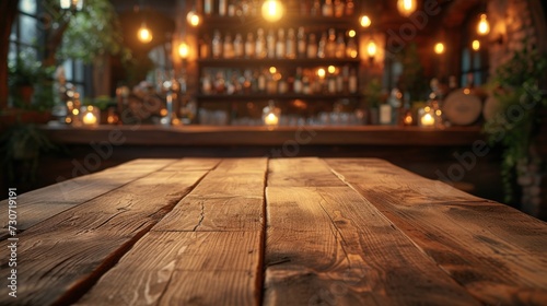 Rusty, empty wooden table. Vintage pub interior. Dark wood counter. Restaurant space. Abstract bar scene
