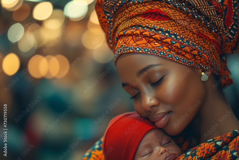 African Mom Embraces Her Baby in a Colorful Head Scarf Generative AI