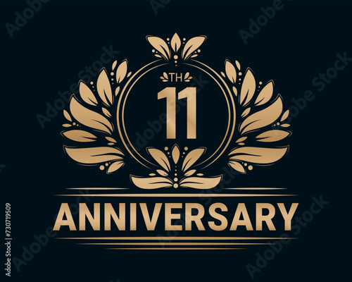 11th Anniversary Royal Golden Design. Anniversary celebration decorative illustration.