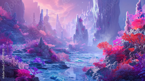 Fantasy landscape with vibrant flora and ethereal lighting. Imaginary world.