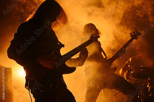 Long-haired rock musician with electric guitar playing in dark smoke with orange lighting. Neural network generated image. Not based on any actual person or scene.