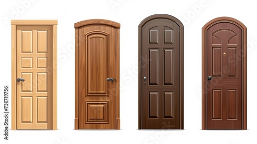 Vector realistic different closed brown wooden door icon set closeup isolated on white background. Elements of architecture. Design template for graphics 