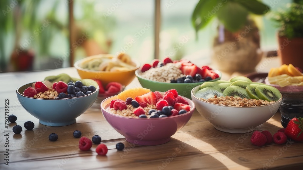 Variety of dishes with muesli, porridge, corn flakes, fresh berries Variety of dishes with muesli, porridge, corn flakes, fresh berries