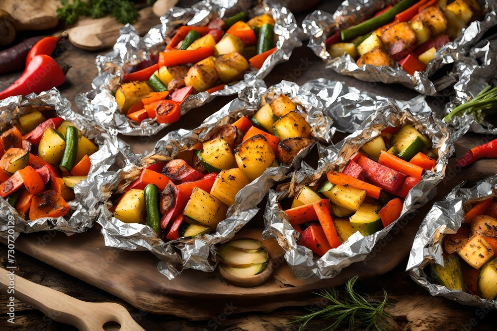  foil-wrapped packets of seasoned vegetables, roasting over the campfire - obrazy, fototapety, plakaty 