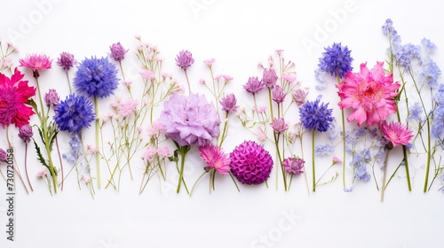 cornflower, field scabious, wild carthusian pink, malva, pink bellflowers on a white background with space for text. Top view, flat lay , generative ai, 