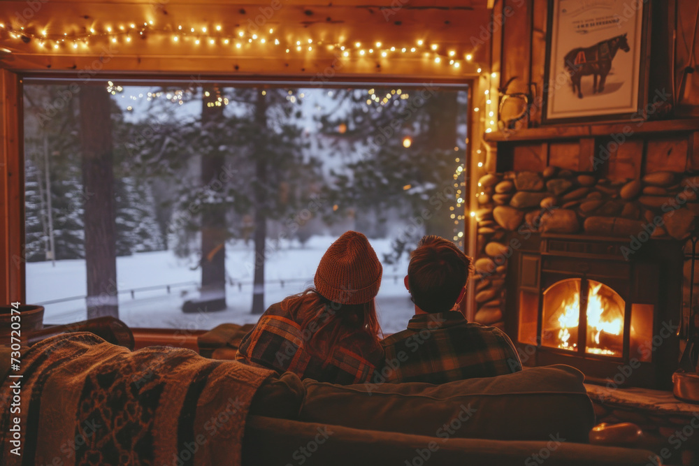 Couple enjoying cozy winter evening by fireplace in cabin. Home comfort and winter season.