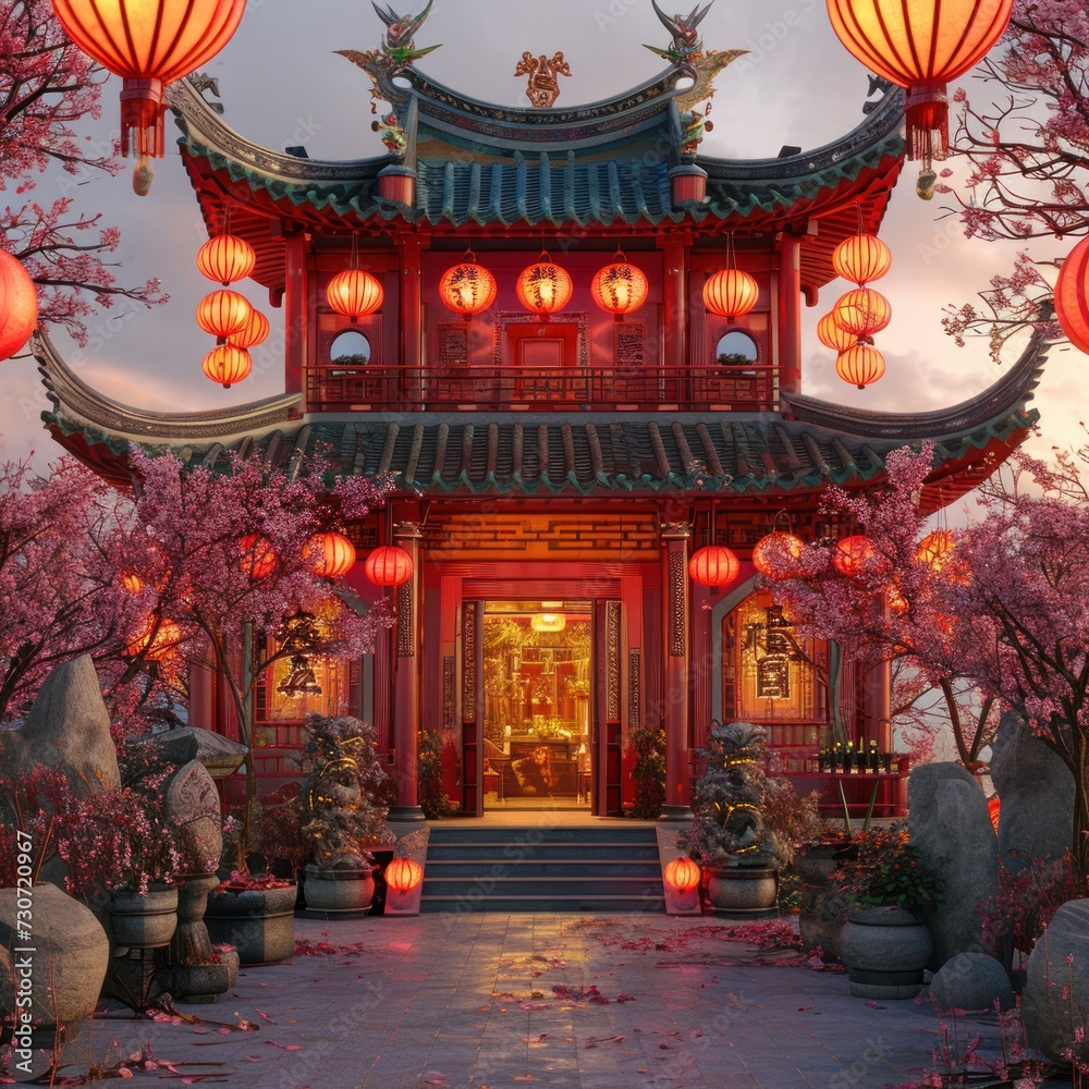The sparkling red light of Chinese housing with Chinese New Year celebrations is equipped with hanging lanterns, great for business, blogs, wallpapers, web, celebrations. Generative Ai