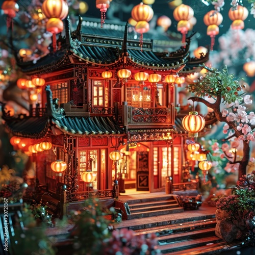The sparkling red light of Chinese housing with Chinese New Year celebrations is equipped with hanging lanterns, great for business, blogs, wallpapers, web, celebrations. Generative Ai © callmeers