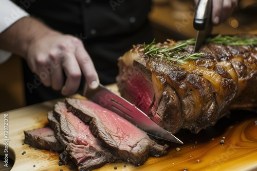 chef slicing a perfectly cooked prime rib on a carving board photo