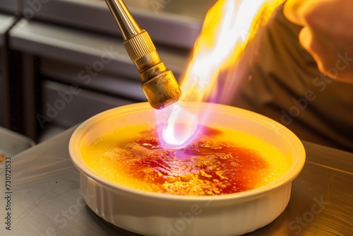 chef using a blowtorch to caramelize a crme brle photo