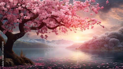 eautiful spring scene with pink blooming cherry, generative ai photo