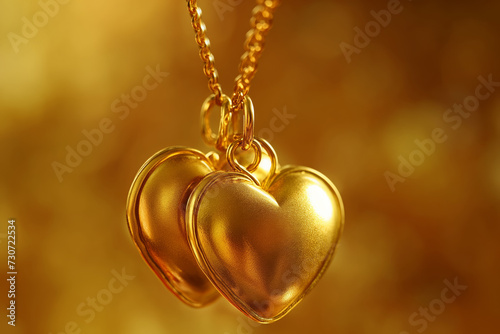 Beautiful medallion, heart shaped pendant against a backdrop of golden lights with space for your close-up text © Alina Zavhorodnii