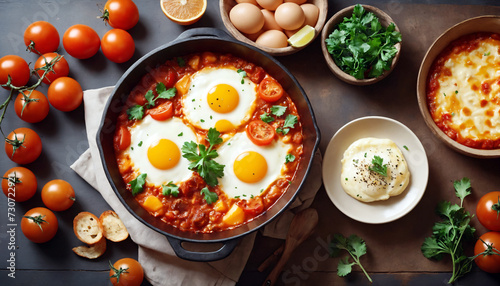 Shakshuka with Eggs and Ingredients Around Background