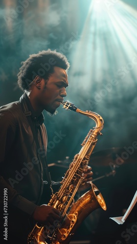 Man playing saxophone on stage, AI generated Image