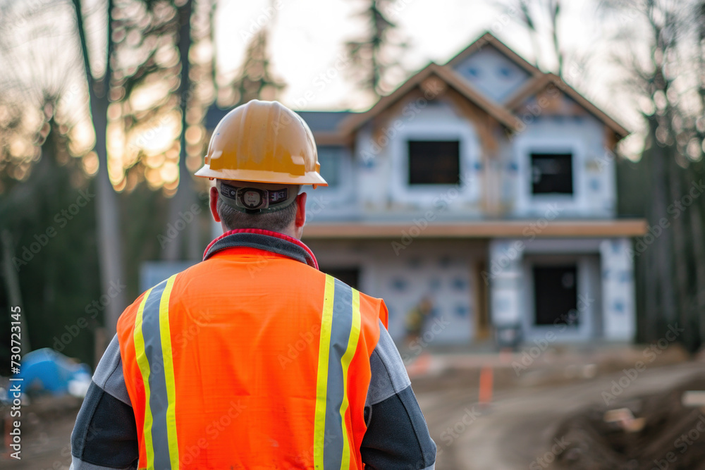 Construction worker inspecting new house development. Industry and architecture. Construction worker inspecting new house development. Industry and architecture.