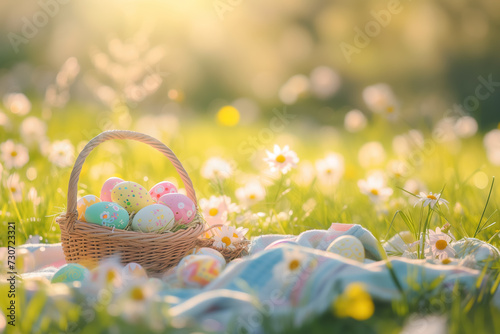 Wicker basket with Easter eggs in green grass against flower meadow. Space for text. Easter card