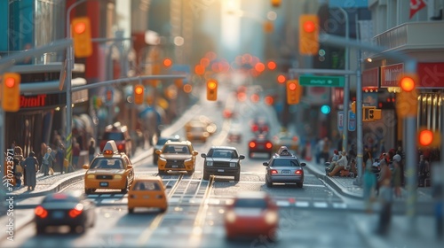 Busy downtown street, tilt-shift photography, AI generated Image