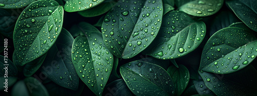 Abstract Green leaves with water droplets background. Concept of ecology and healthy environment.