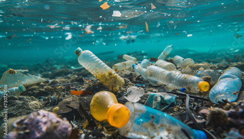 Plastic rubbish floating in water, environmental pollution ocean pollution rivers and seas environmental disaster
