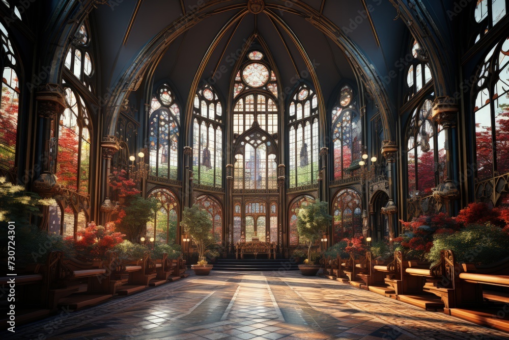 A gothic cathedral with intricate stained glass windows - obrazy, fototapety, plakaty 