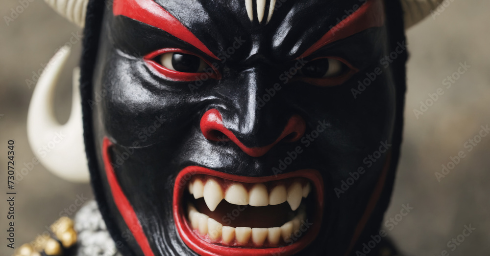 A chilling Japanese demon mask with menacing features and intricate detailing, set against a textured black background. A chilling Japanese demon mask with menacing features and intricate detailing, set against a textured black background.