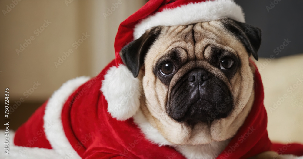 A cute pug wearing a Santa hat, adding a touch of humor and festive cheer to the holiday season.