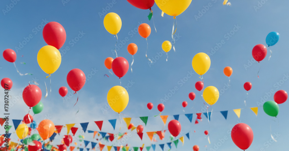 Colorful confetti flying in the air against a bright blue sky, perfect for celebrations and festive events.