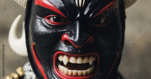 A chilling Japanese demon mask with menacing features and intricate detailing, set against a textured black background.
