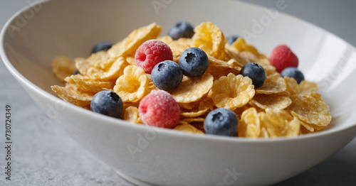 Cornflakes suspended in mid-air, captured in a splash of milk against a white background, offering a fresh and dynamic breakfast scene.
