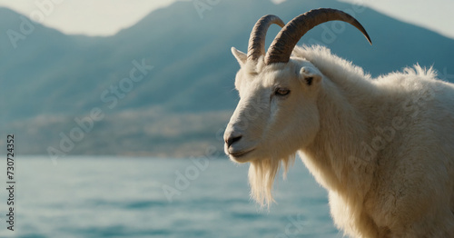 A young Capricorn goat stands by the sea, symbolizing the astrological sign with its horned silhouette against the blue water.