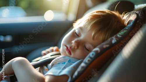 Child sleeping in car seat inside the car. Kid is left alone in car on a hot summer day.  photo