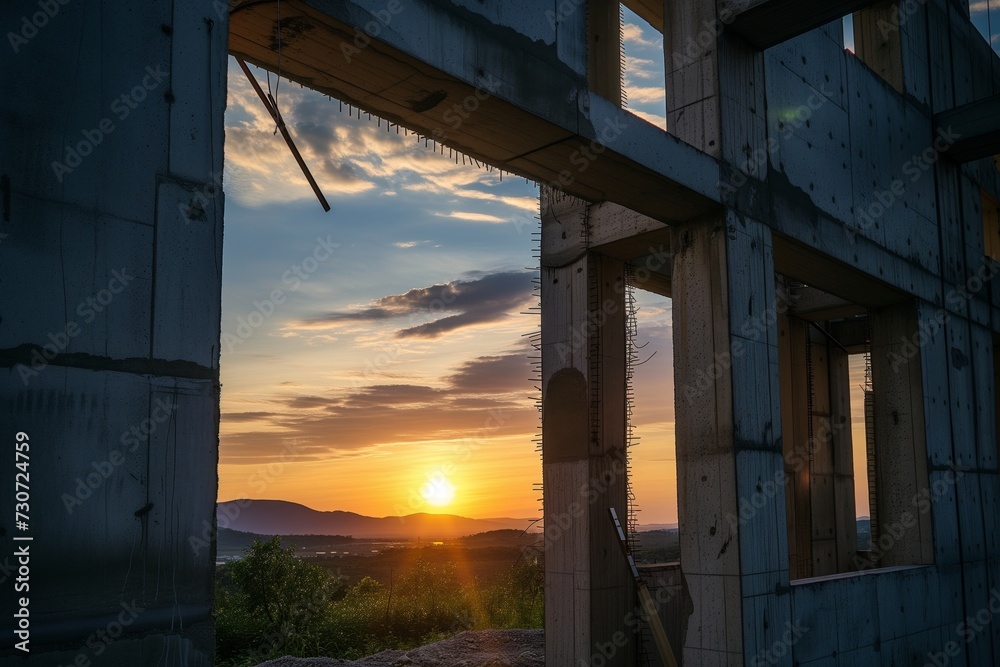 Obraz premium sunset seen through the open frame of an unfinished building