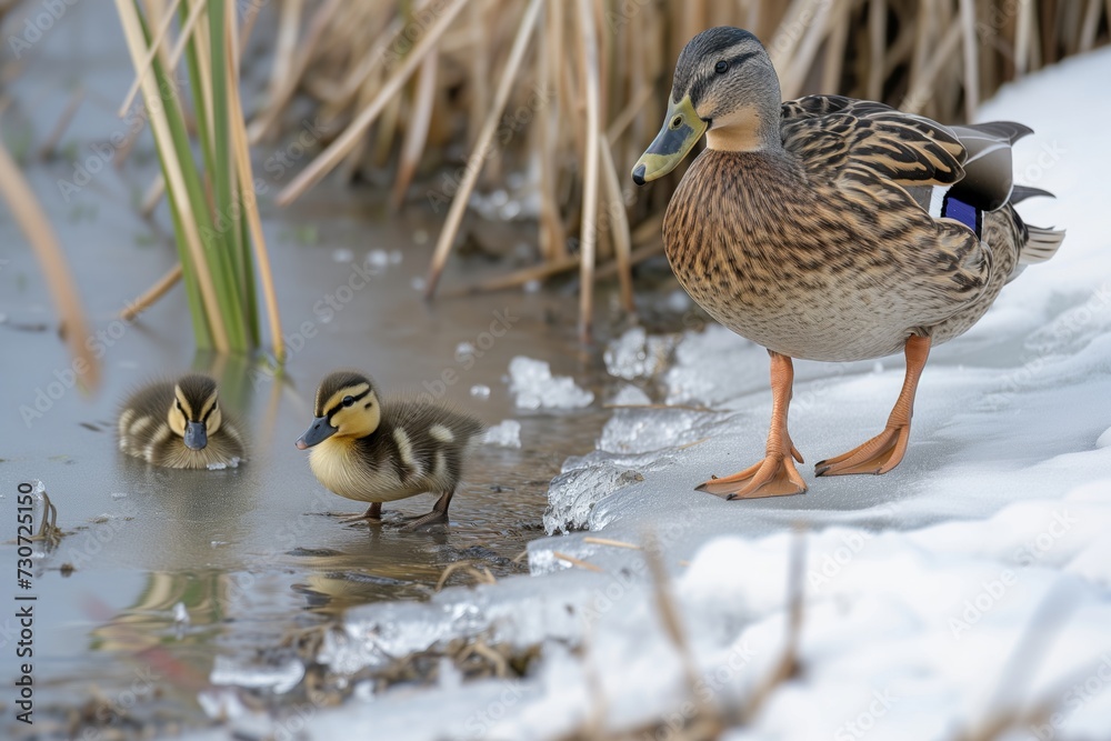 Fototapeta premium duckling following mother duck by icy pond border