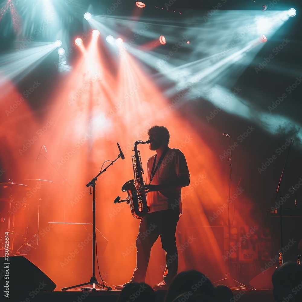 Obraz premium Man playing saxophone on stage, AI generated Image