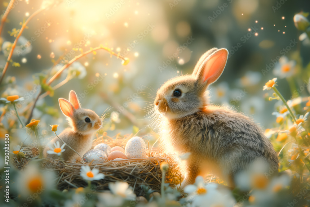 Easter bunny with nest of Easter eggs in the magic forest background. Easter card Easter bunny with nest of Easter eggs in the magic forest background. Easter card