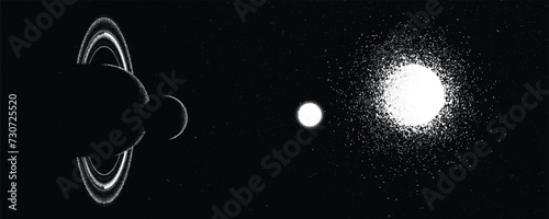Stars and exoplanet in outer space. Futuristic landscape, with noise texture . Night landscape with starry sky .Vector illustration