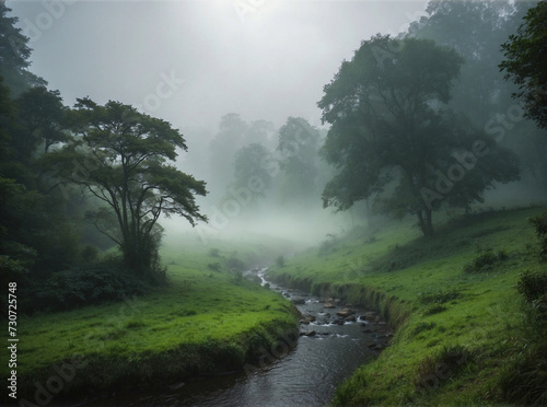 Mist covering a green landscape with a river between the trees. Misty landscapes series