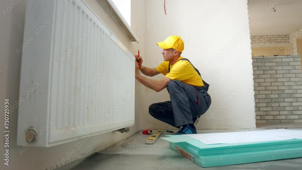 Builder makes markings on the wall. Worker making apartment renovation by project. Builder makes markings on the wall. Worker making apartment renovation by project.