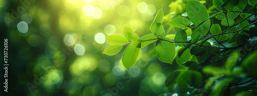 Green leaves in lush green colors background. Concept of ecology and healthy environment.