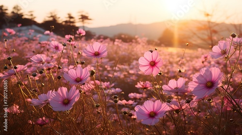Focus on cosmos blooming in autumn field in Korea, generative ai