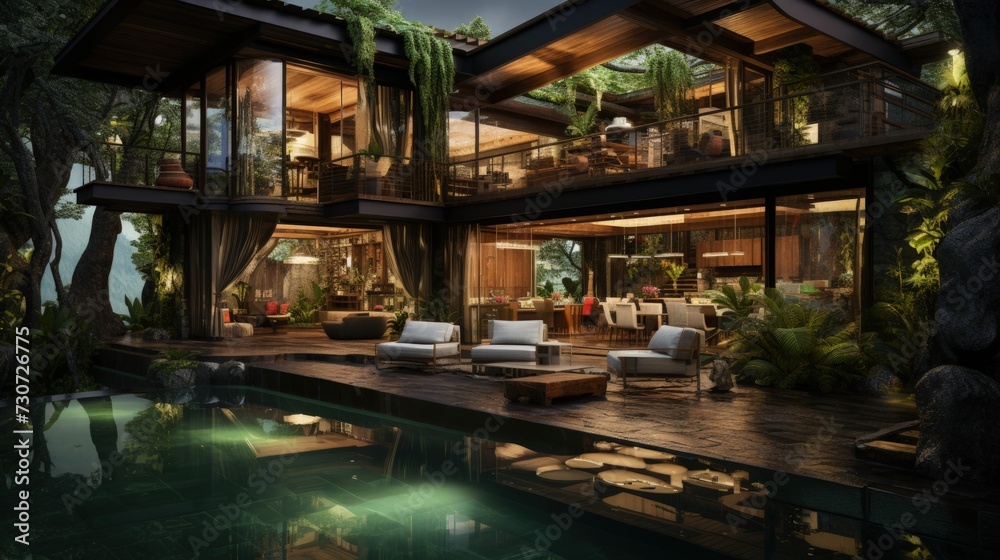 A bamboo house in a tropical rainforest