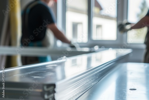 silvermetal table, professionals fitting window frames, softly out of focus photo