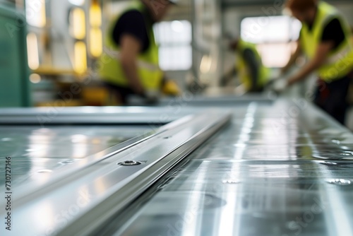 Wallpaper Mural silvermetal table, professionals fitting window frames, softly out of focus Torontodigital.ca