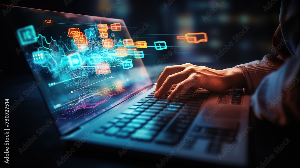 Multi exposure of abstract financial diagram with hand typing on computer keyboard on background, banking and accounting concept, generative ai Multi exposure of abstract financial diagram with hand typing on computer keyboard on background, banking and accounting concept, generative ai
