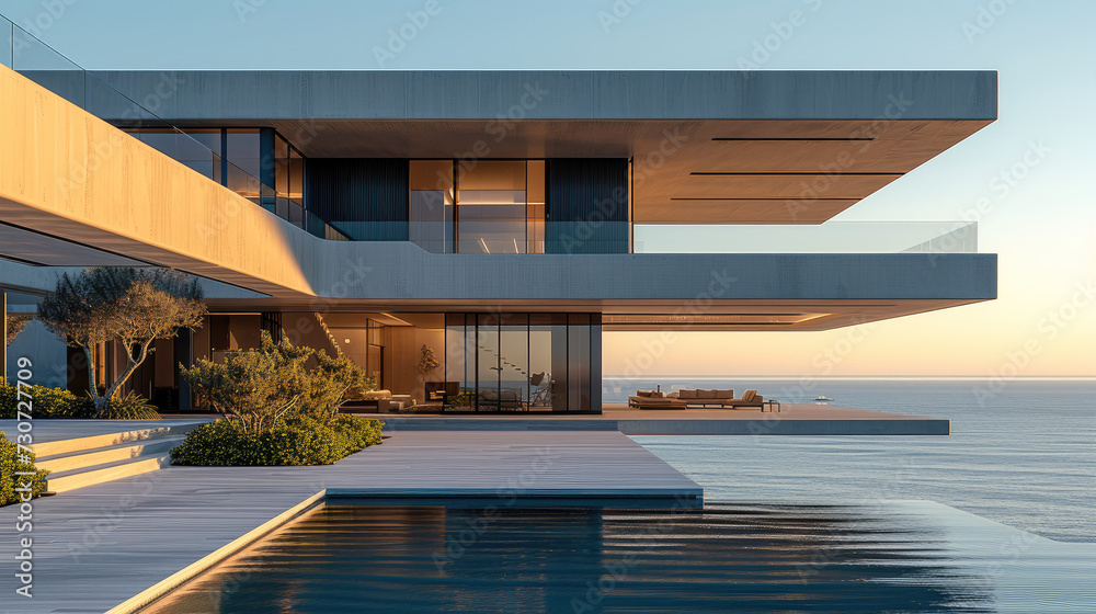 Fototapeta premium Exterior front view of a large concrete and steel construction mansion house with a spectacular ocean view. Generative AI.
