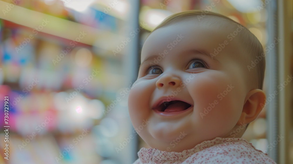 Cheerful baby with a beaming smile and shining eyes captured in a toy store, creating a picture of innocence and wonder against a backdrop of magical, colorful lights. Cheerful baby with a beaming smile and shining eyes captured in a toy store, creating a picture of innocence and wonder against a backdrop of magical, colorful lights.