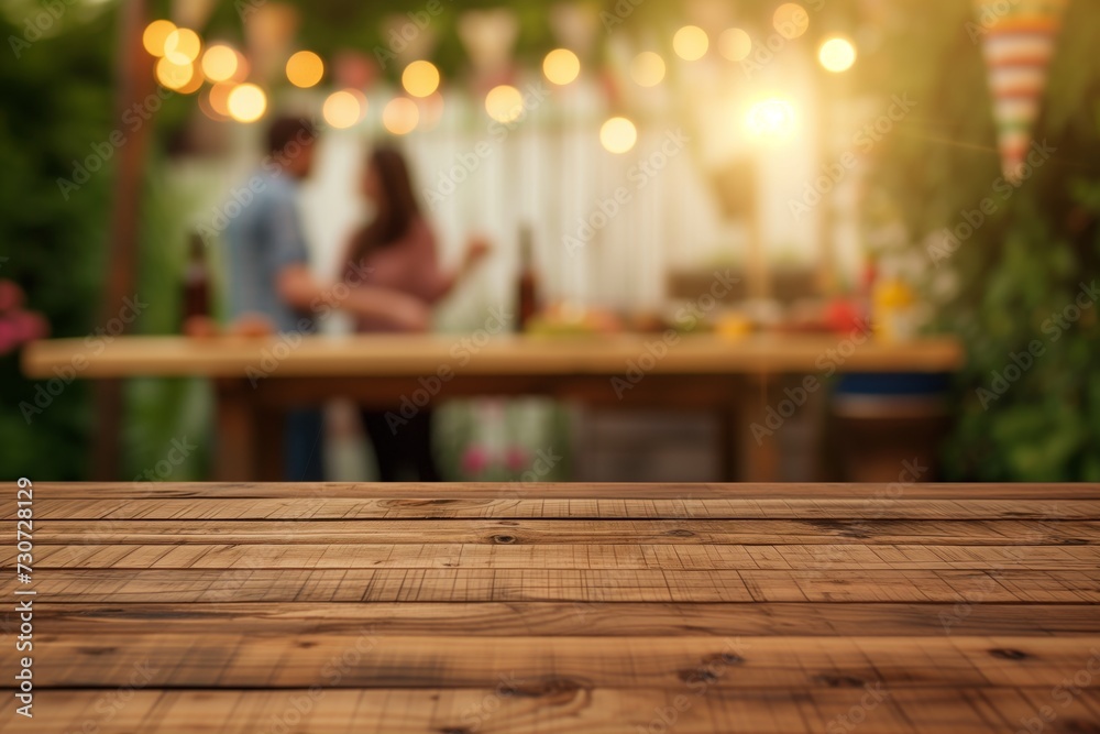 wooden table space with a blurred couple decorating a bbq party scene behind
